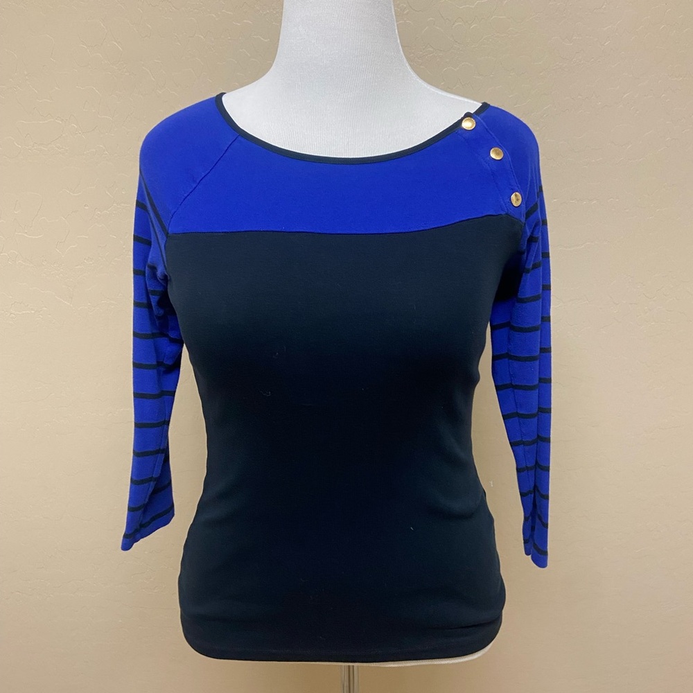 Ralph Lauren Blue and Black Fitted 3/4 Sleeve Blouse